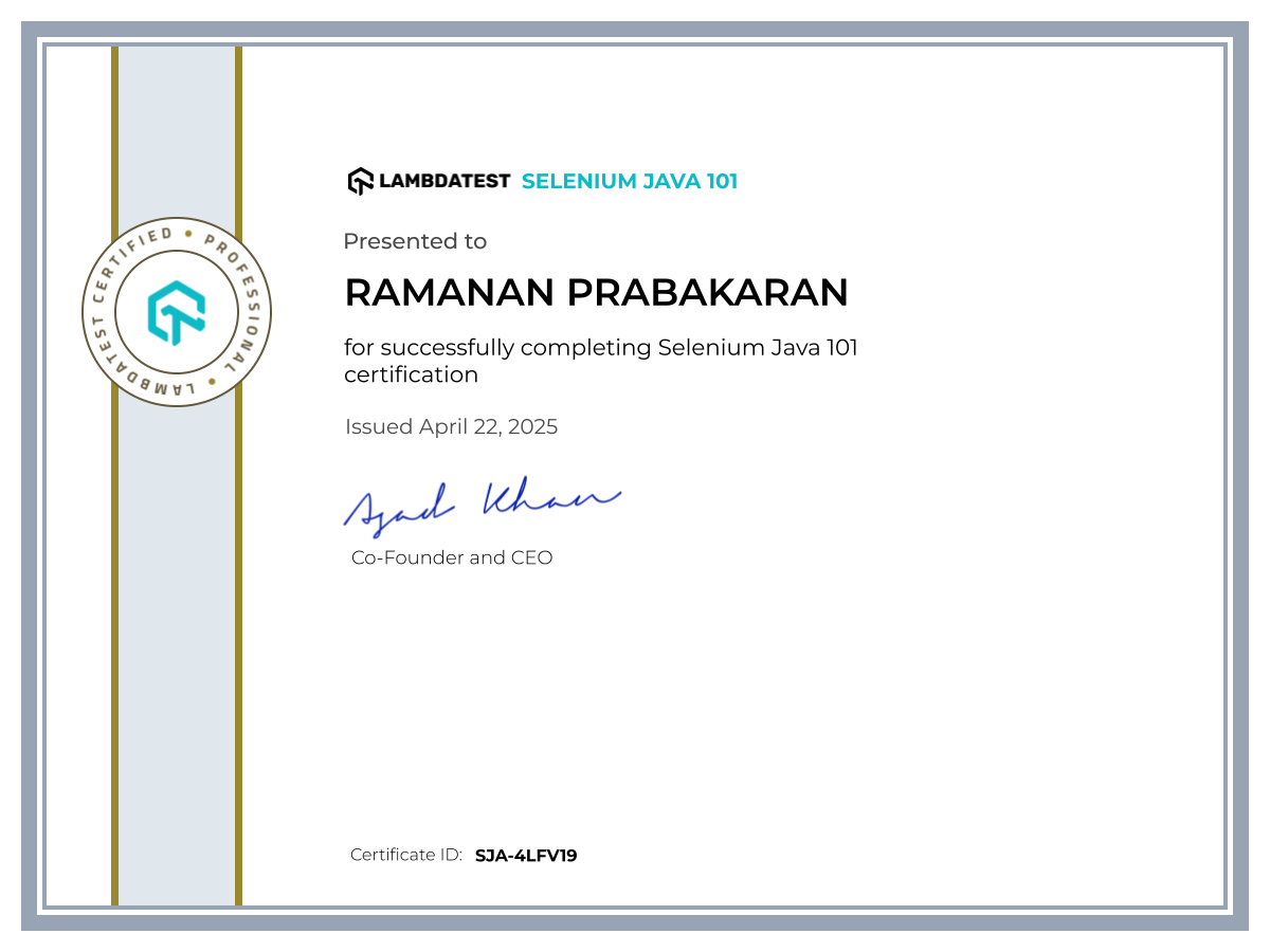Selenium Java 101 – LambdaTest Certificate