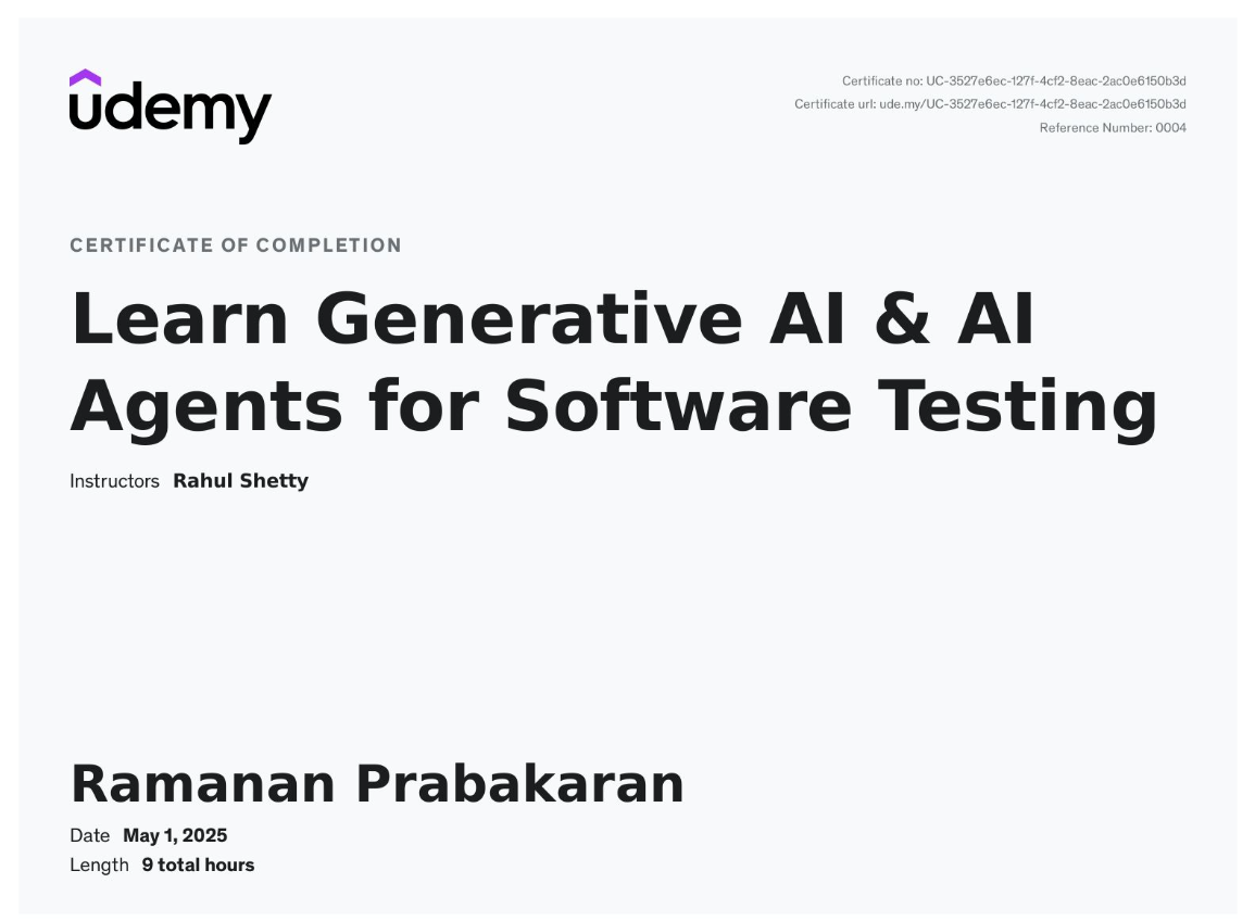 Udemy Certificate – Generative AI & AI Agents in Software Testing